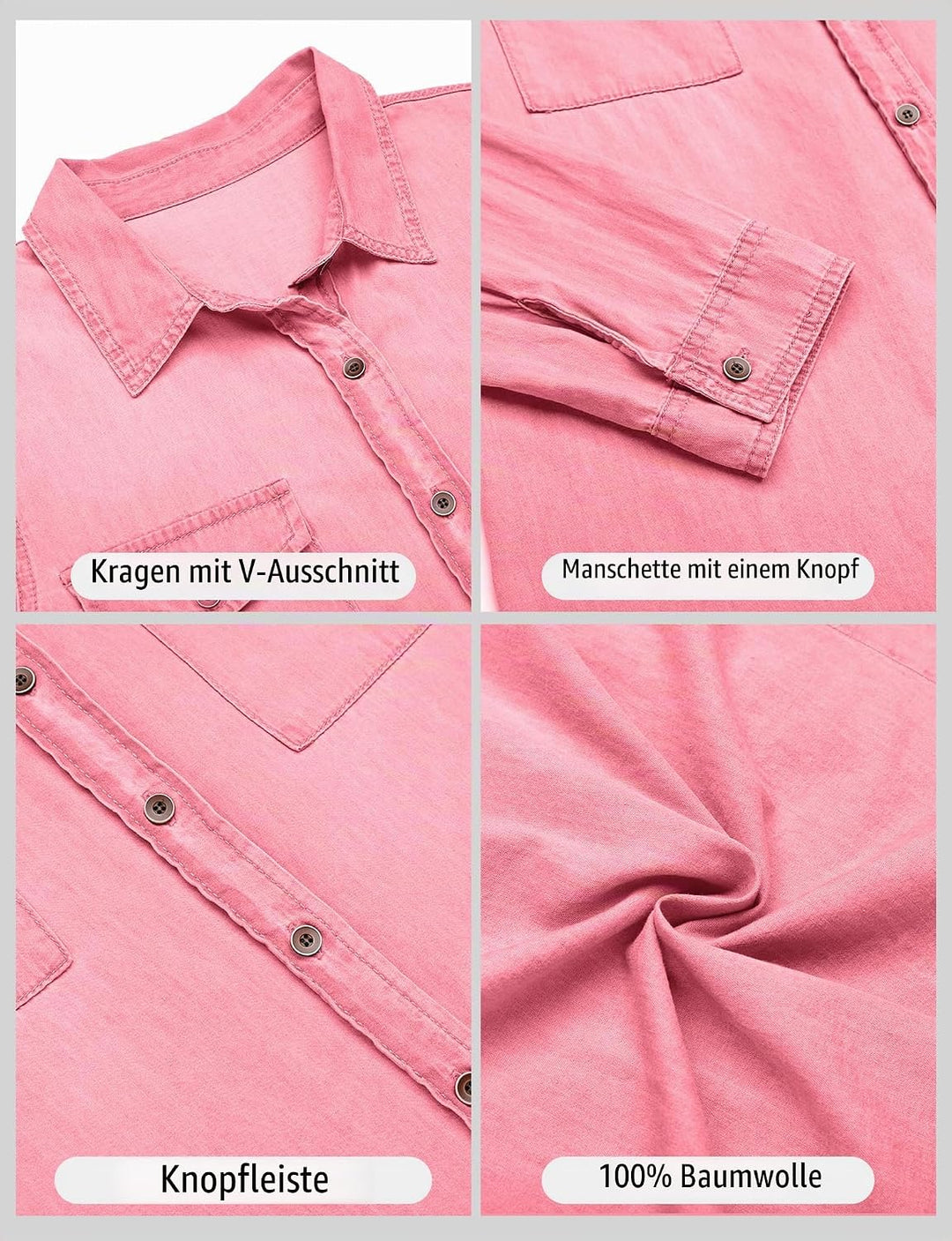 Damen Jeanshemd - Damen Western Hemden Tunika Langarm Button Down Oberteile L Aurora Rosa, L Aurora