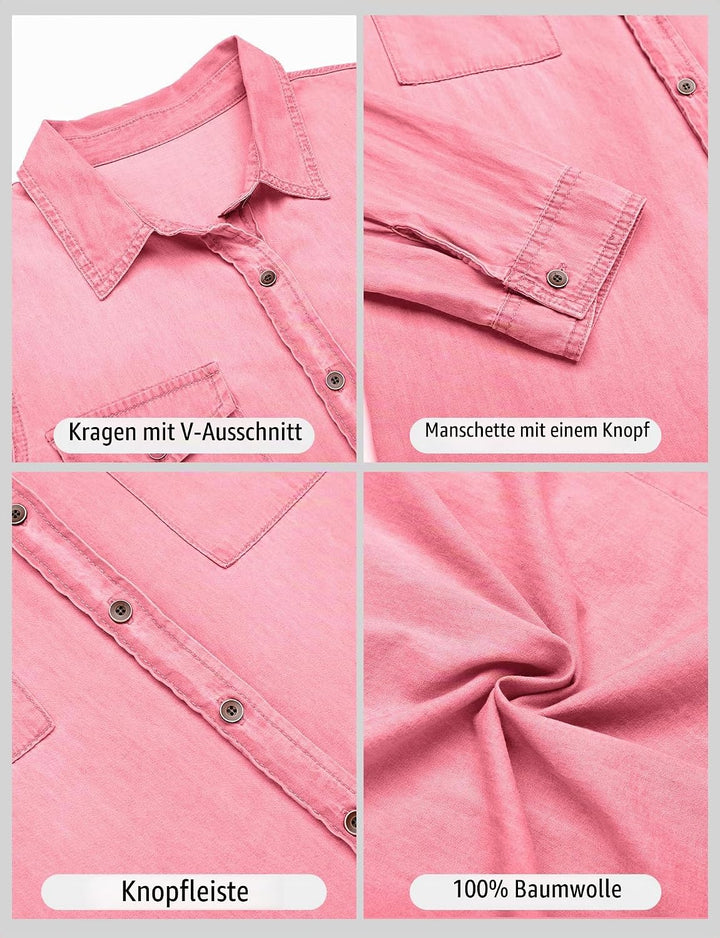 Roskiky Damen Jeanshemd - Damen Western Hemden Tunika Langarm Button Down Oberteile S Aurora Rosa, S