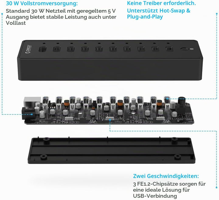ORICO USB 2.0 Hub 10 Ports mit Netzschaltern und Netzteil 30W (12V2.5A), 480 Mbps Speed Datenhub für