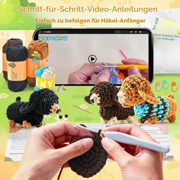 Häkelset für Anfänger, Amigurumi Dachshund Häkelset Tiere Crochet Kit, Alles in Einem Häkeln für Anf