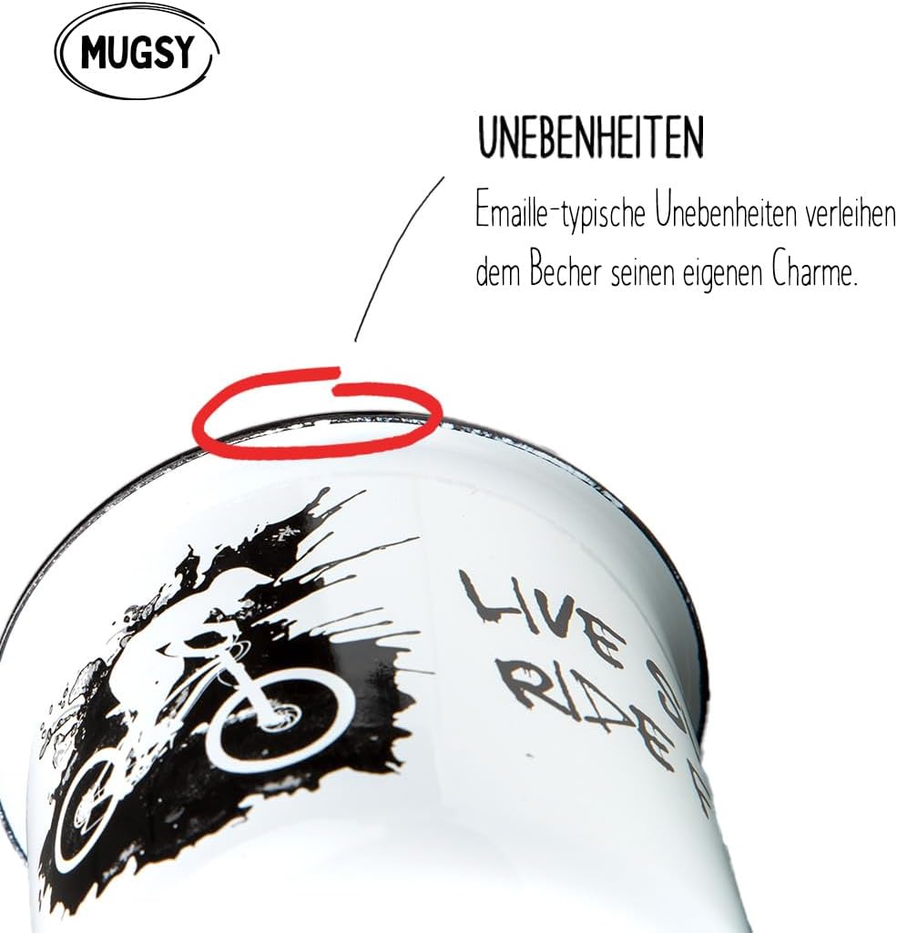 MUGSY Emaille Tasse mit Spruch The Adventure Begins, 330 ml, Camping Tasse, Camping Ausrüstung, Retr