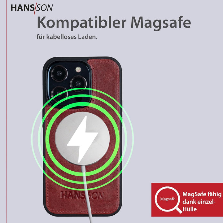 HANS/SON Handyhülle kompatibel mit iPhone 14 pro | Flip Case Echt-Leder | Magsafe Klapphülle mit Kar