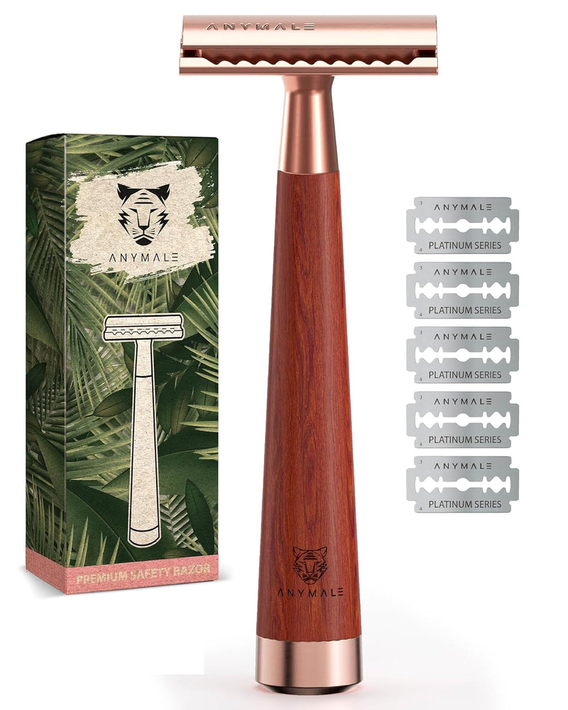 ANYMALE® Rasierhobel Rosegold aus Sandelholz - Damen Set inklusive 5 ASTRA Klingen - Plastikfreier R
