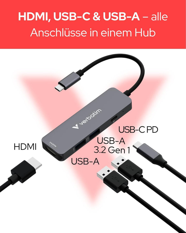Verbatim USB-C Essentials Multiport Hub - 4 Ports: (1) USB-A 2.0, (1) USB-A 3.0/3.2 Gen 1, (1) USB-C