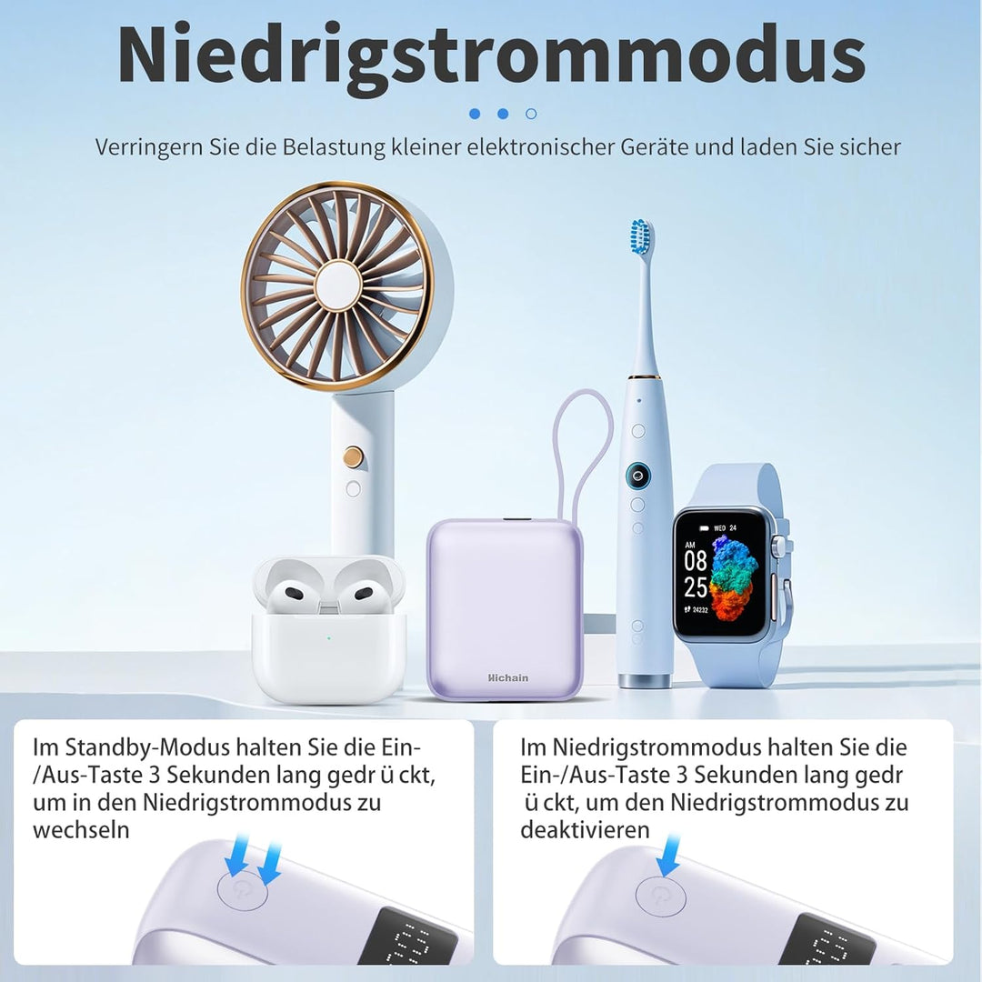 Hichain Power Bank Klein, 10000mAh 22,5W Powerbank USB C Schnellladen mit Integriertem USB-C Kabel,