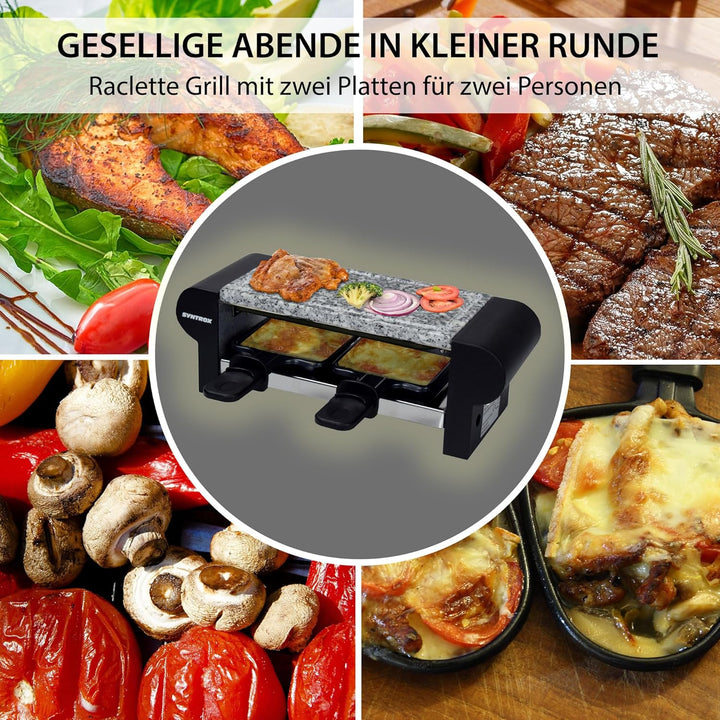 Syntrox Germany Edelstahl Design Raclette Glarus mit Grillplatte und Platte Heisser Stein für 2 Pers