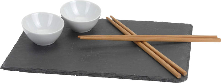 Sushi Set, Japanischer Sushi-Teller mit Dipschälchen aus Porzellan, Essstäbchen, Schieferplatte für
