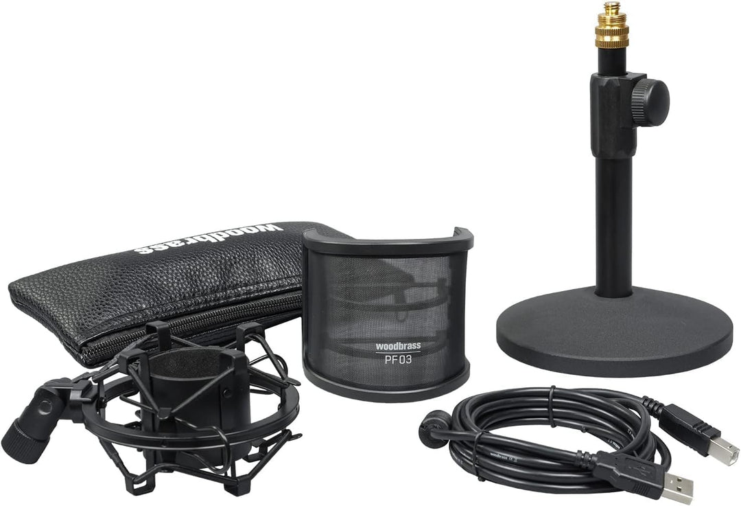 WOODBRASS Bird UM1 Podcast Pack Schwarz - USB-Kondensatormikrofon mit Nierencharakteristik für PC un