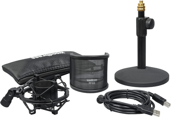 WOODBRASS Bird UM1 Podcast Pack Schwarz - USB-Kondensatormikrofon mit Nierencharakteristik für PC un