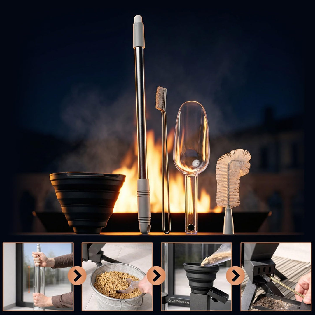 GARDENFLARE Pflege- & Zubehörset für Klassik Feuerrohr – 4-teilig mit Schaufel, Trichter, Teleskop-G