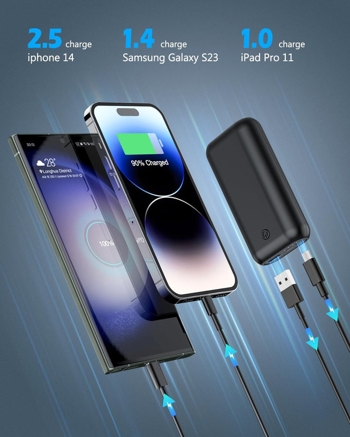 Powerbank 10000mAh Mini Kompakte Externer Akku Power Bank Klein Aber Stark mit Micro + USB C Handy L