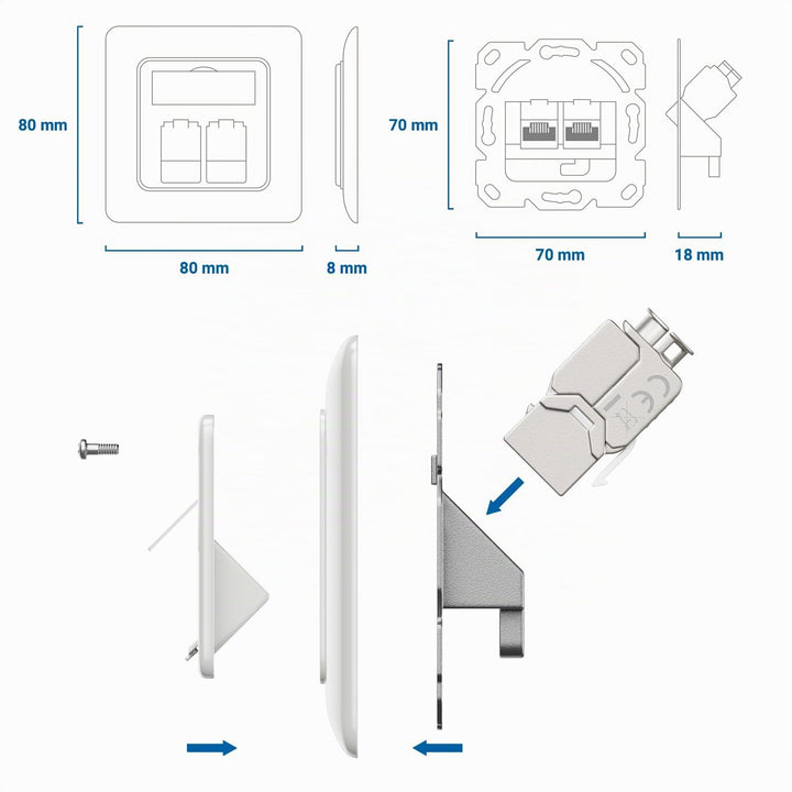 deleyCON 4x Keystone Dose Netzwerkdose Datendose Unterputz + 8x CAT 6a Keystone Jack Modul RJ45 Buch