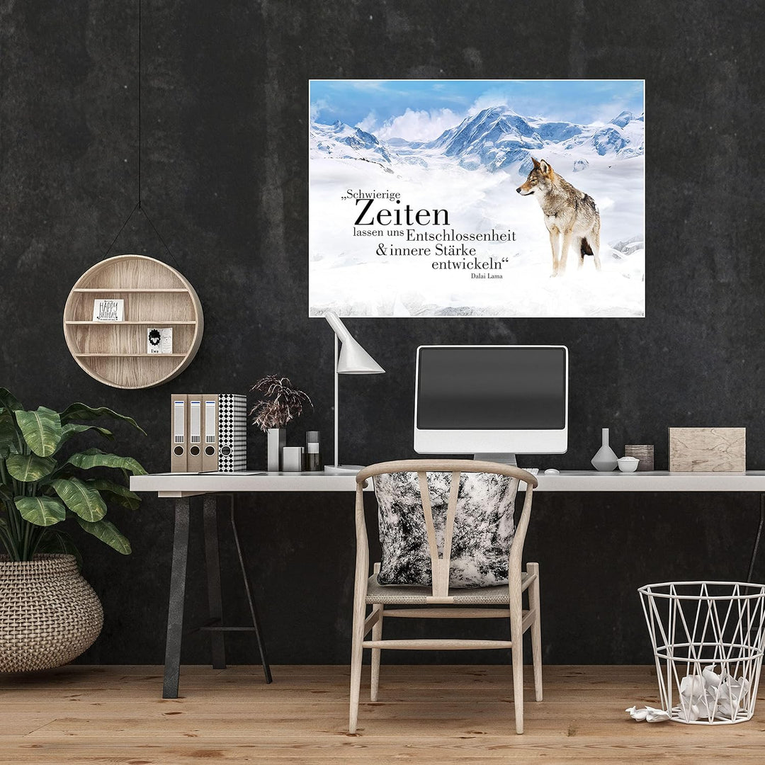 wandmotiv24 Poster als Wanddeko, Grösse Din A1, Wolf in den Bergen, Entschlossenheit, Wölfe, Tiere,