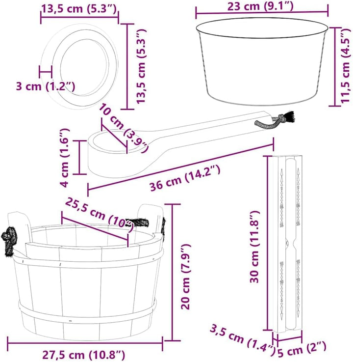 Sauna Zubehör Set 4 pcs Braun massives Kiefernholz Hanf 4L Eimer Schöpfkelle Thermo Hygrometer Sandu