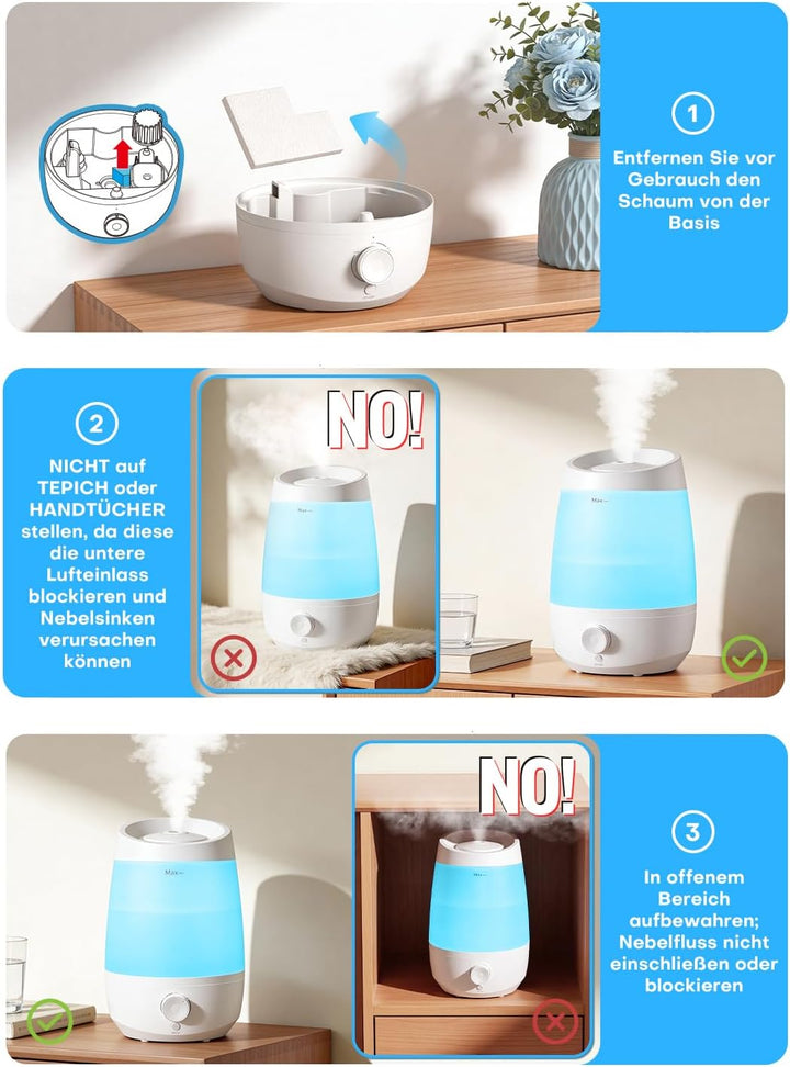AROEVE Luftbefeuchter Schlafzimmer, 2,5L Luftbefeuchter Kinderzimme, 250 ml/h, 25H Ätherisches Öl Di