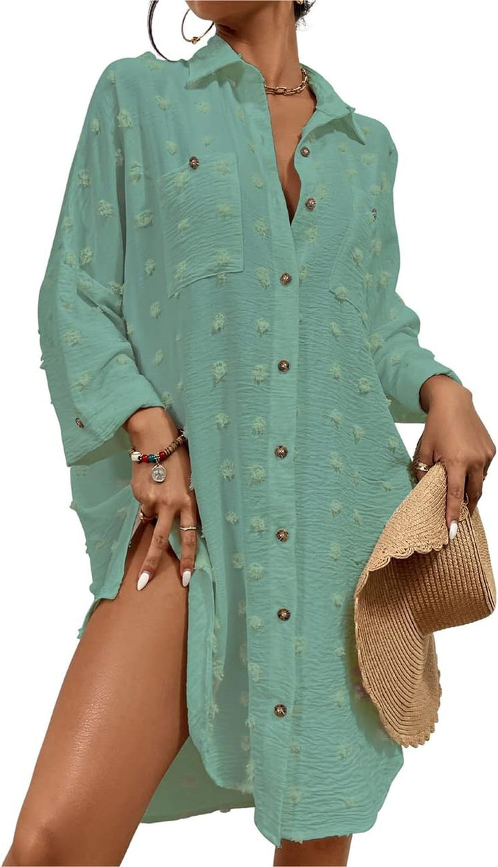 Bsubseach Badeanzug Coverup für Frauen Badeanzug Cover Up Button Down Shirt Kleider Swiss Dot Blau G