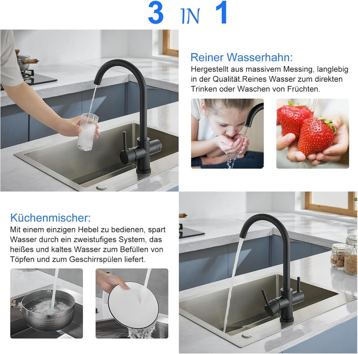 3 Wege Wasserhahn Küche, 360° Drehbar Küchenarmatur, KEOKBON 3 in 1 Hochdruckarmatur für Wasserfilte