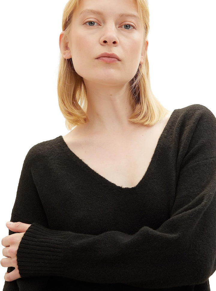 TOM TAILOR Denim Damen Basic Pullover mit V-Ausschnitt L 14482-deep Black, L 14482-deep Black