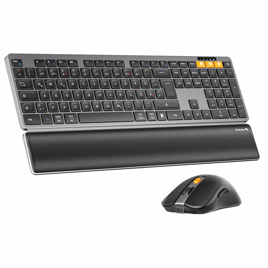 ProtoArc Kabellos Tastatur Maus Set, KM60 Full-Size Bluetooth Tastatur und Maus mit Handballenauflag