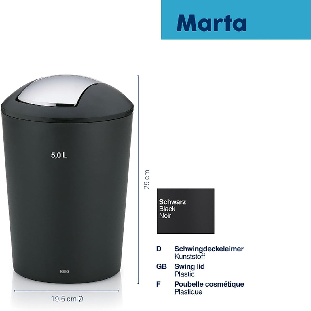 kela Schwingdeckeleimer schwarz, Kosmetikeimer 5l mit Schwingdeckel, Kunststoff, MARTA, Mülleimer Ba