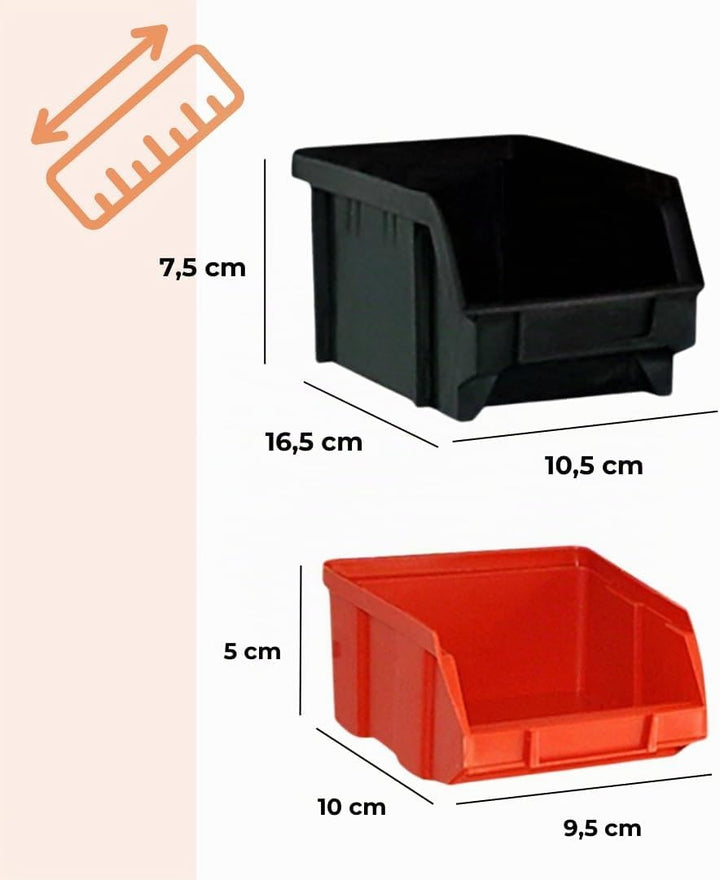 ORDER Werkstatt Wandregal-Set, 30 Stapelboxen in Rot/Schwarz, Hängeorganizer mit Sortierboxen, 64x2x