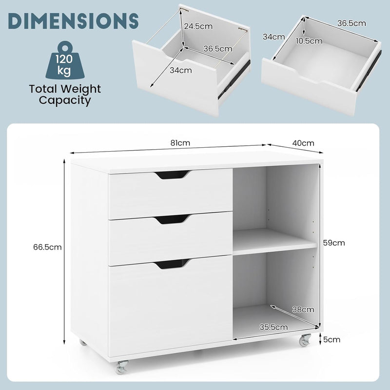 KOMFOTTEU Rollcontainer mit 3 Schubladen & verstellbarem Regal, mobiler Aktenschrank mit 5 Rollen, D