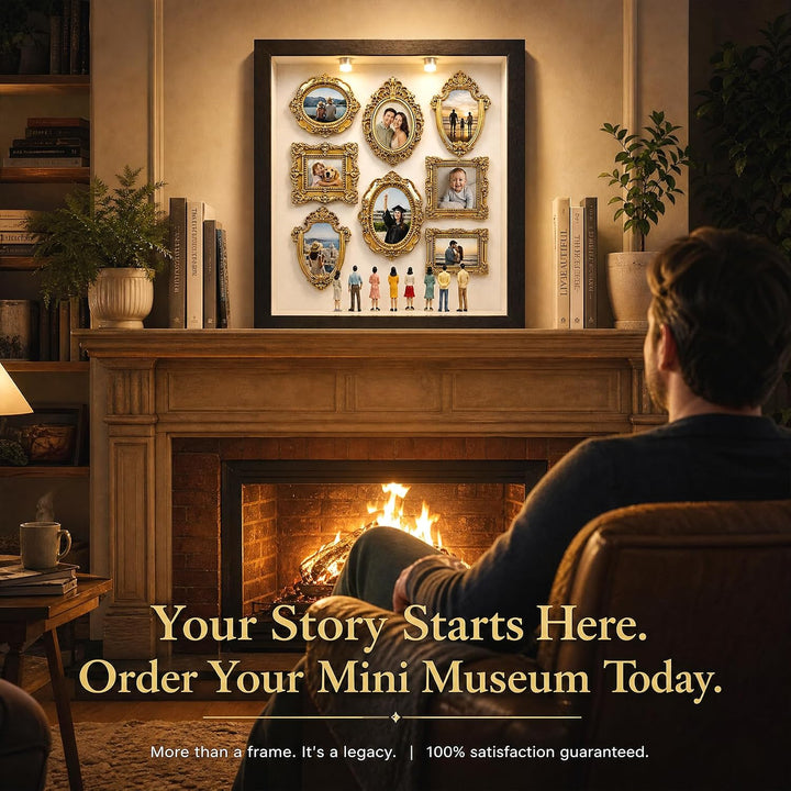 DIY Mini Museum Bilderrahmen Vintage, 9-Zoll Museum of Us Silhouette Box mit 8 Mini Figuren, 8 Golde