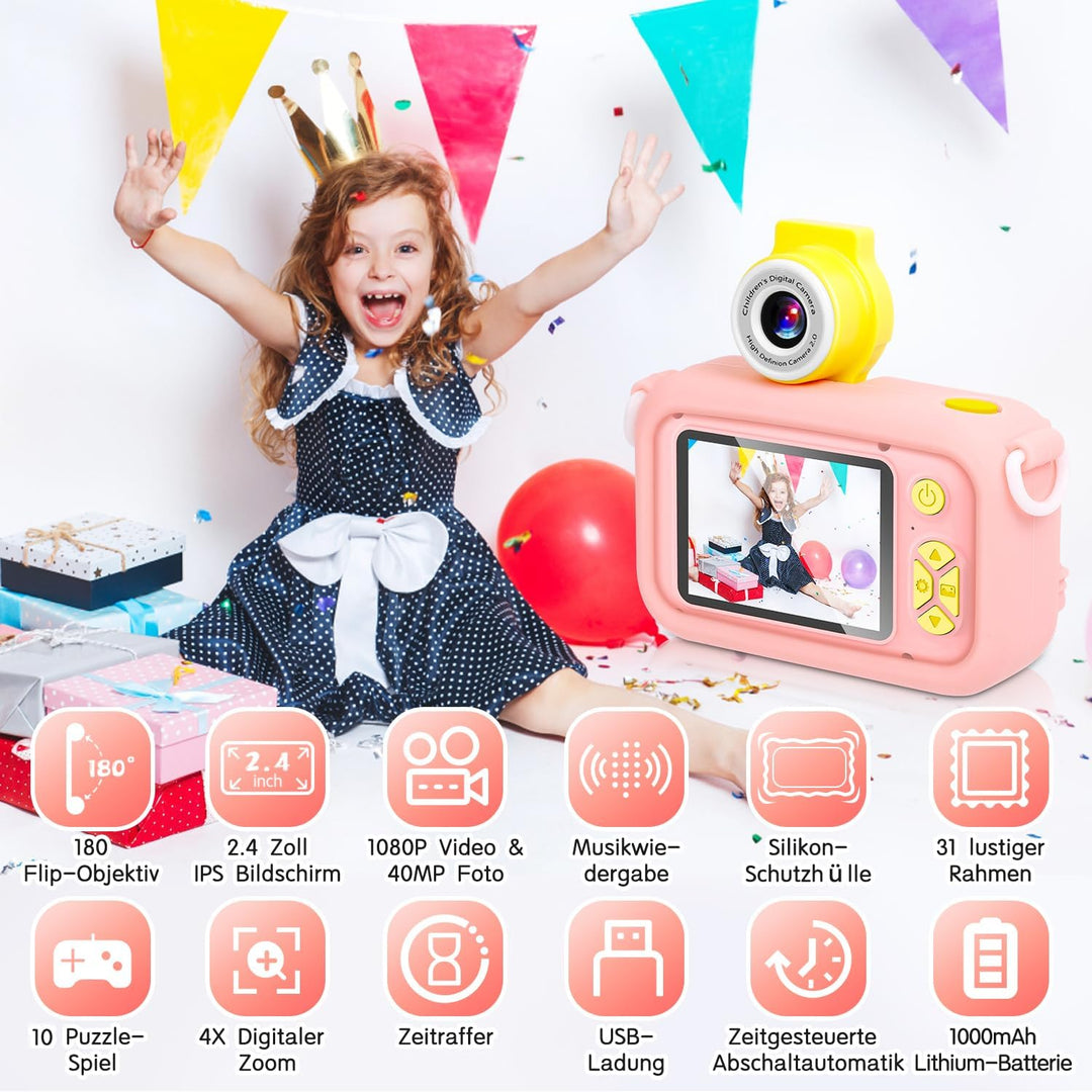 Kinderkamera, ARNSSIEN 180° Flip Lens Kamera für Kinder, 2.4in IPS LCD Digitalkamera mit Gehäuse, Ki