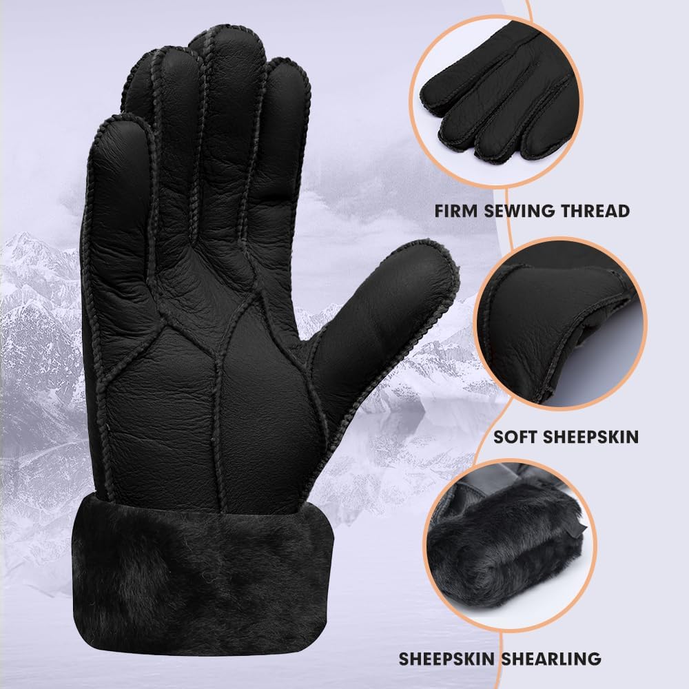 MGGMOKAY Damen Lederhandschuhe Schaffell Handschuhe aus Shearling Warme Winterhandschuhe S Schwarz,