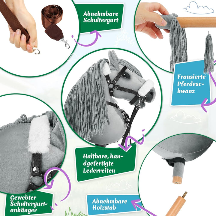 Hobby Horse, A3 Kopfgrösse Steckenpferd Kinder, Hobby Horsing mit Weichem Plüschhalfter, Fliessendem
