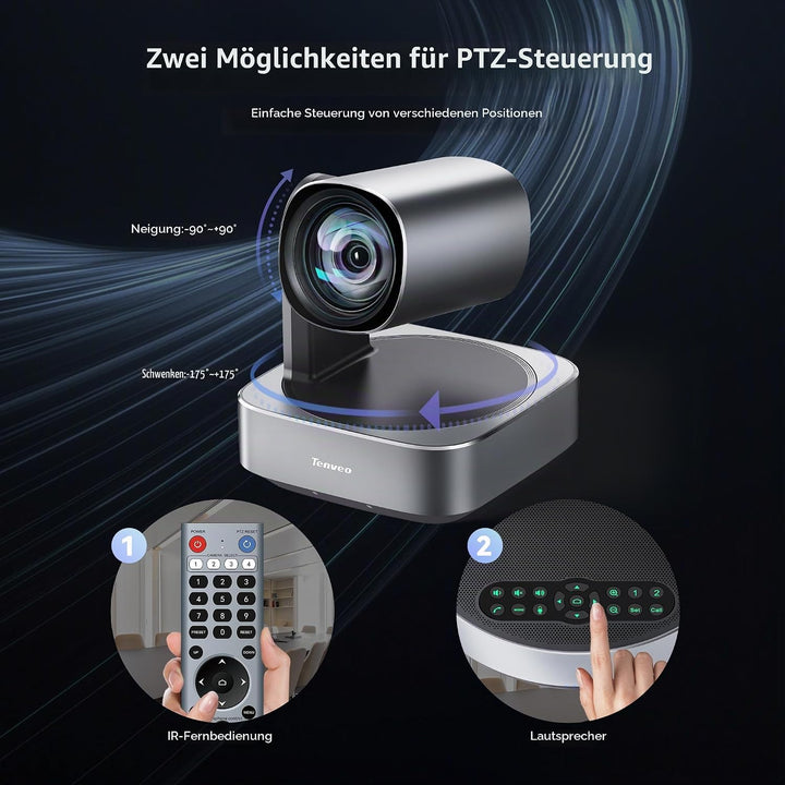 Tenveo 4K PTZ-Konferenzkamera mit Bluetooth-Freisprecheinrichtung 2 Erweiterungsmikrofone 12-facher