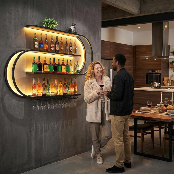 Weinregal zur Wandmontage, schwebendes Barregal mit 4 Ebenen, Industriedesign, Flaschenregal aus Met