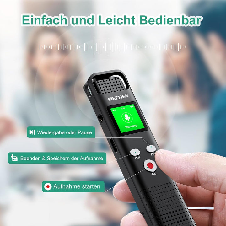 MECHEN V02 Diktiergerät 64GB, 1536Kpbs Digitales Aufnahmegerät mit One-Touch Aufnahme &amp; Rauschunterd