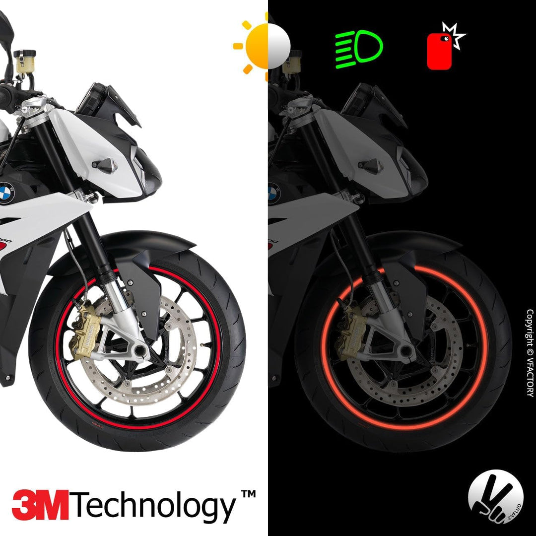 VFLUO - Kit Reflektierende Felgenrandaufkleber Motorrad, Aufkleber für 1 Rad 3M™-Technologie™, 360°-