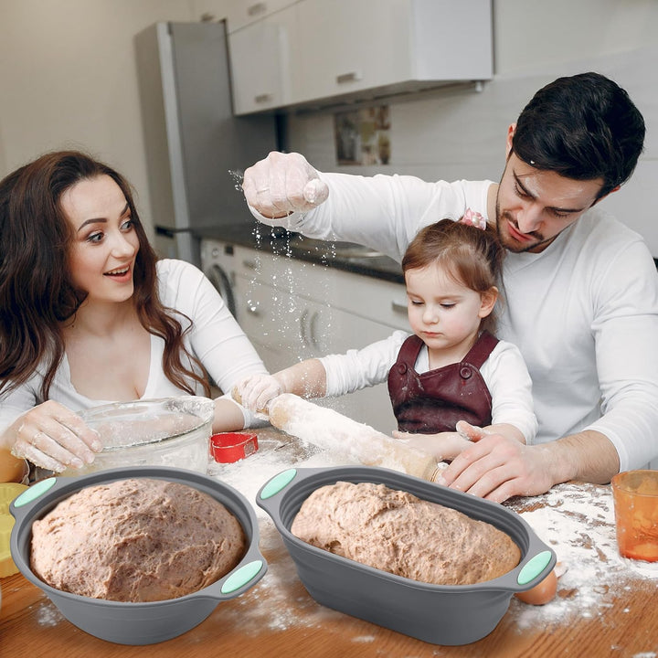 Sauerteig Starter Set zum Brot Backen, Gärkorb Set aus 2er Faltbar Gärkörbchen Silikon, 2er Teigscha
