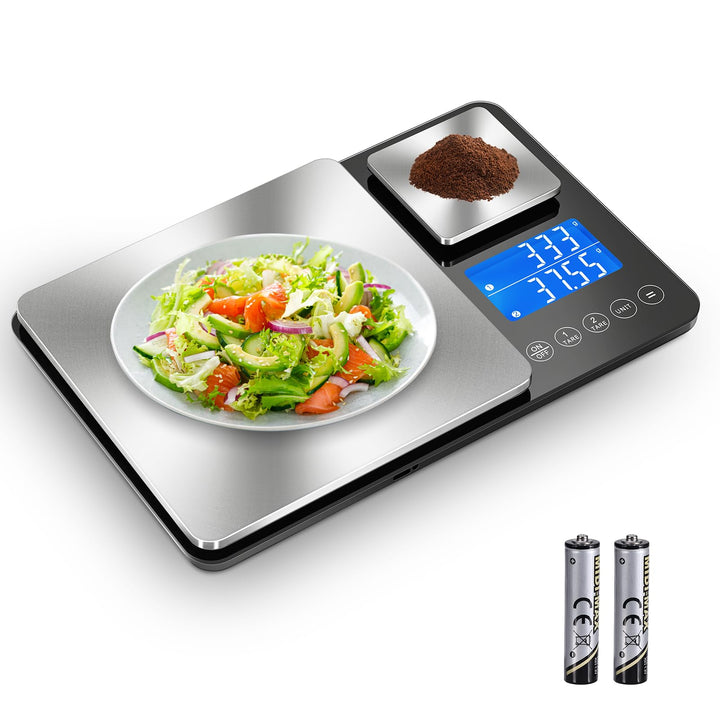 Küchenwaage mit Dualer Plattform, 15kg/1g & 500g/0.01g, Doppelfunktion Digitale Küchen Feinwaage mit