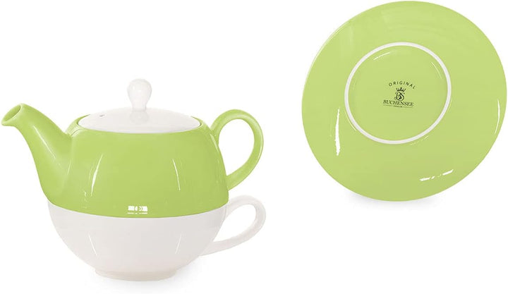 Tea for One mit Sieb Lena 500ml aus Crystal Bone China Porzellan in grün. Teekanne + Teetasse + Unte