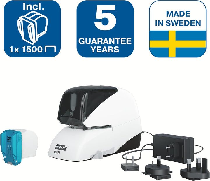 Rapid Elektro-Flachheftgerät, 50 Blatt, Kunststoff, Metall, Elektronik, Kassettenaustausch, Inkl. ei