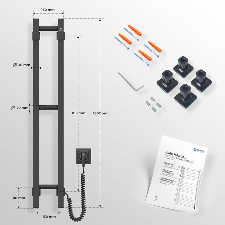 NAVIN Elektrischer Handtuchtrockner Silouette Quadro 160x1000 - Schwarz aus robustem Kohlenstoffstah