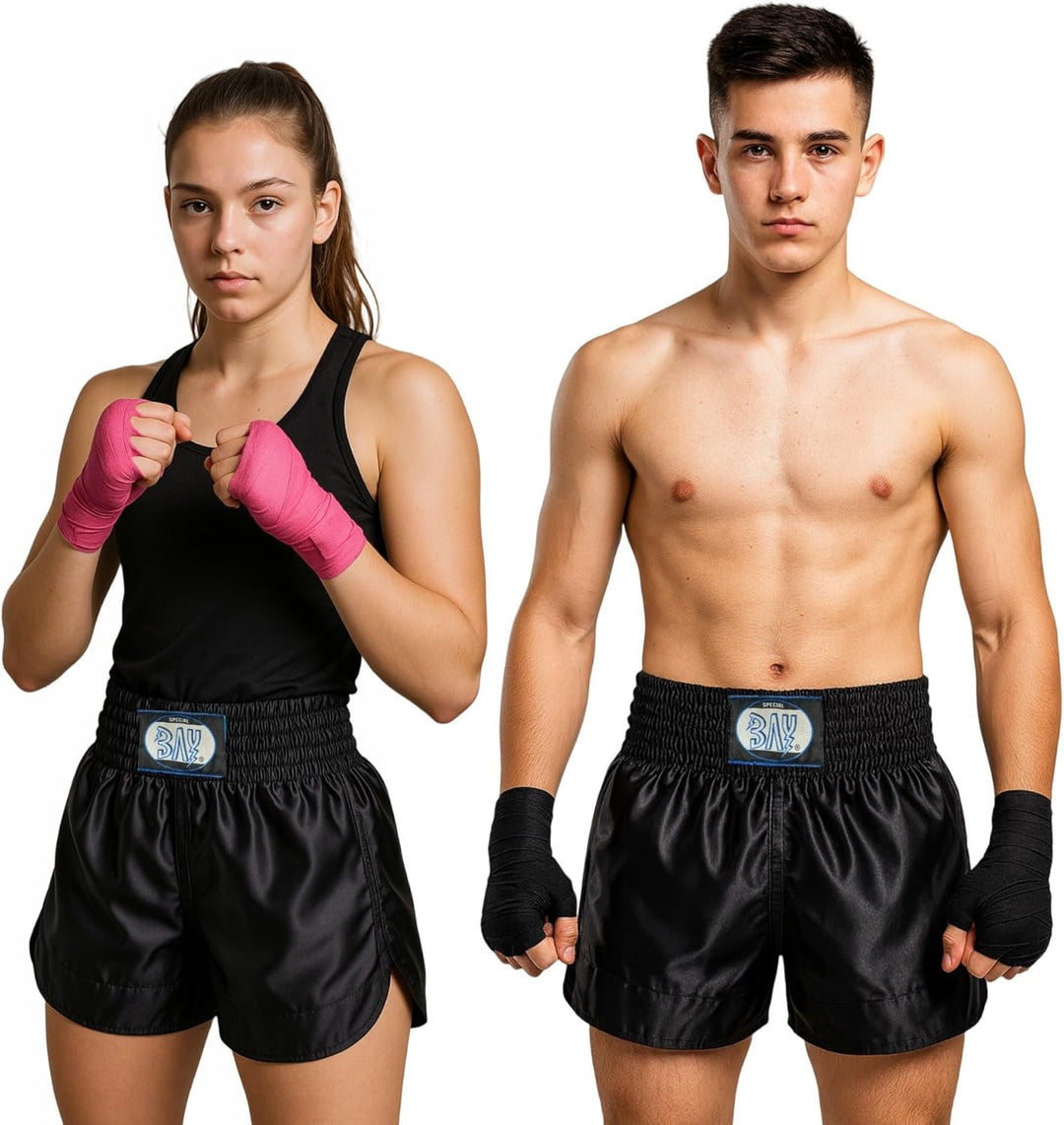 BAY® "REMY Uni schwarz Black, Thaiboxhose, Thaiboxshort, MMA Hose Short Thaiboxen Muay Thai, Satin,