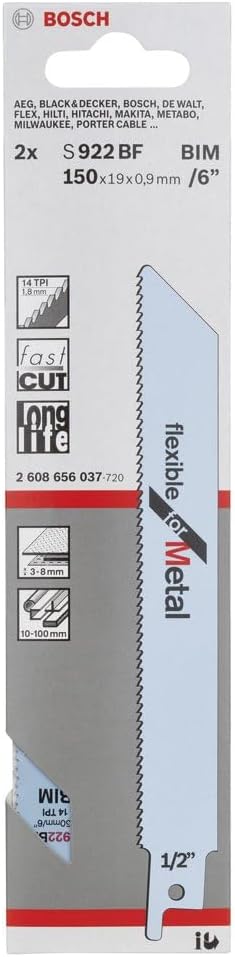Bosch Professional 100 Stück Säbelsägeblatt S 922 BF Flexible for Metal (für Metall, 150 x 19 x 0,9