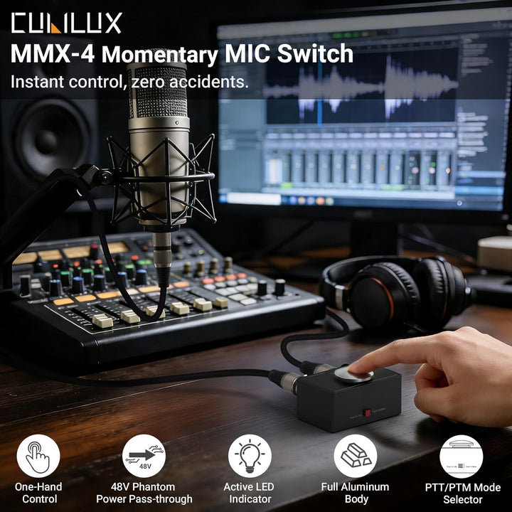 Cubilux XLR Mikrofon Stummtaste mit Momentfunktion, umschaltbar zwischen Push to Talk (PTT) und Push