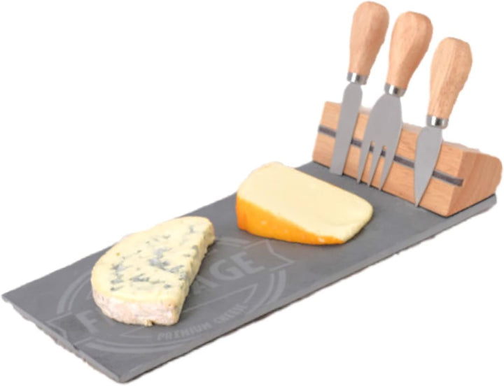 MIJOMA 4-TLG Set Holz-Käsebrett mit Käsemesser und Käsegabel, Käseplatte Käsebrettchen, 26 x 37 cm