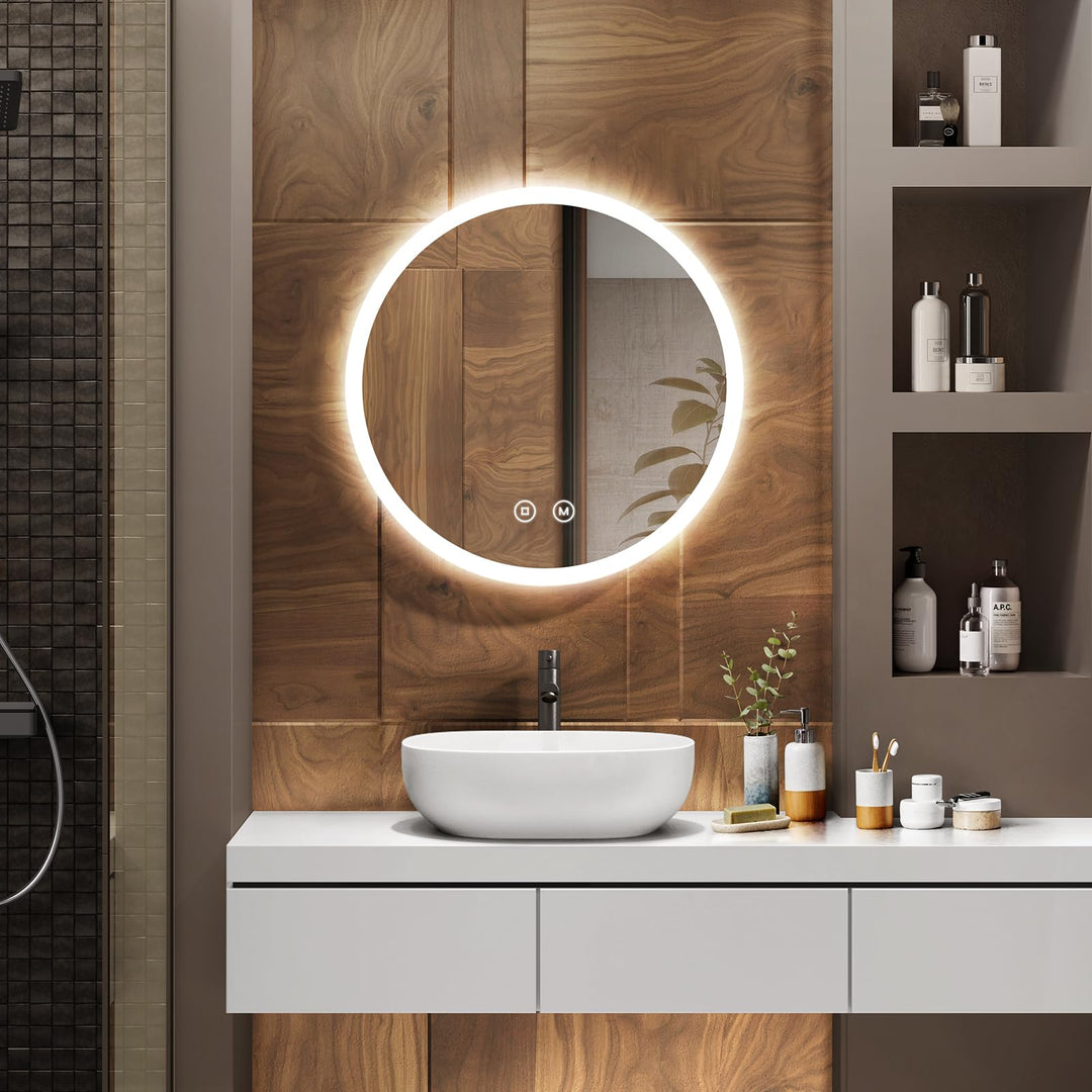 EMKE Badspiegel mit Beleuchtung Rund 50cm LED Spiegel mit Beleuchtung Dimmbar 3 Lichtfarben, Beschla