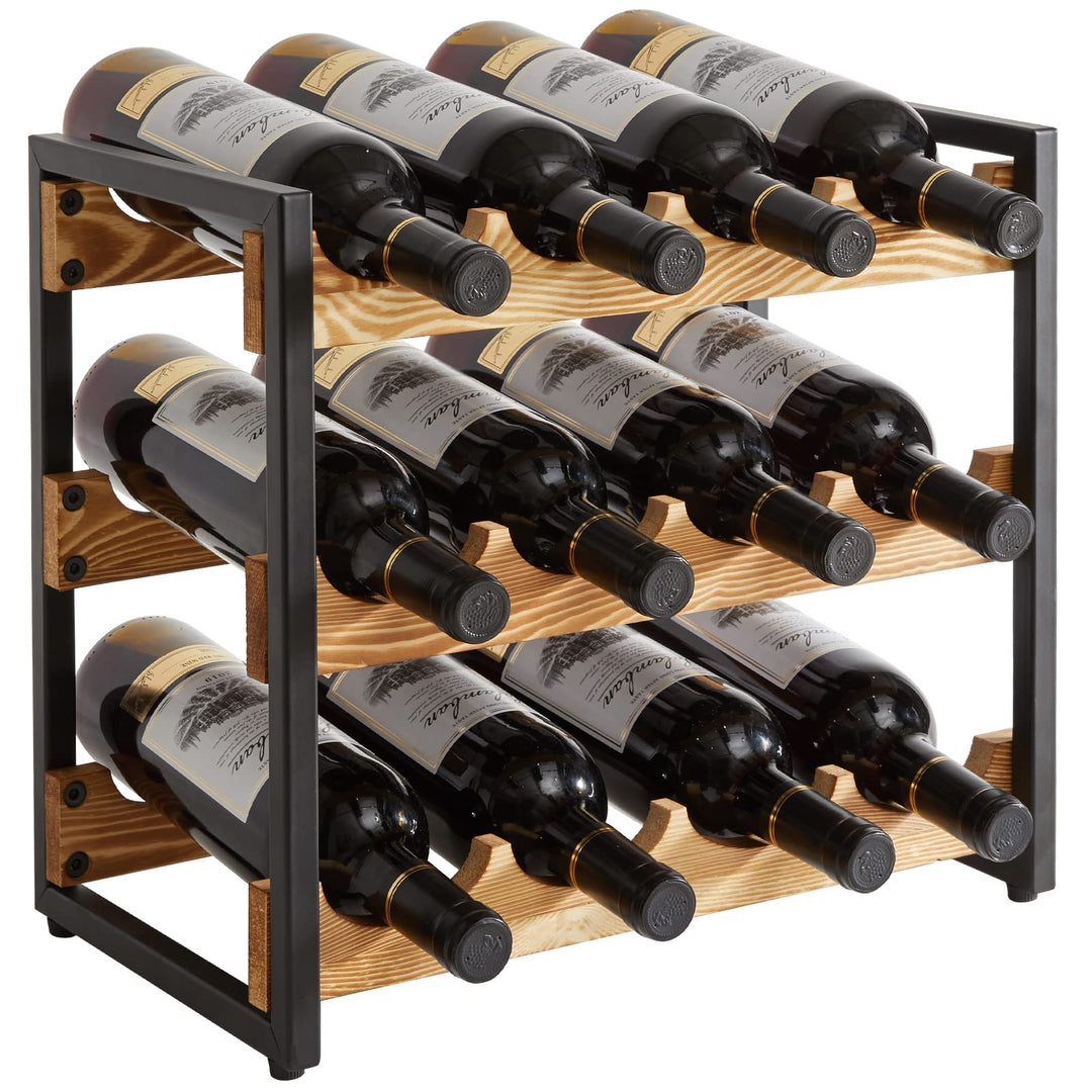 IBUYKE Industrielles Weinregal, Flaschenregal Stapelbar,Mit Metallrahmen, 3 Etagen 12 Flaschen, Flas