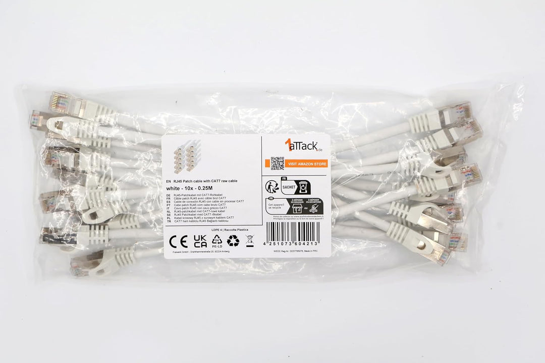 1aTTack.de 0,25m - weiss - 10 Stück CAT.7 Netzwerkkabel Patchkabel SFTP PIMF LSZH Gigabit Lan Kabel