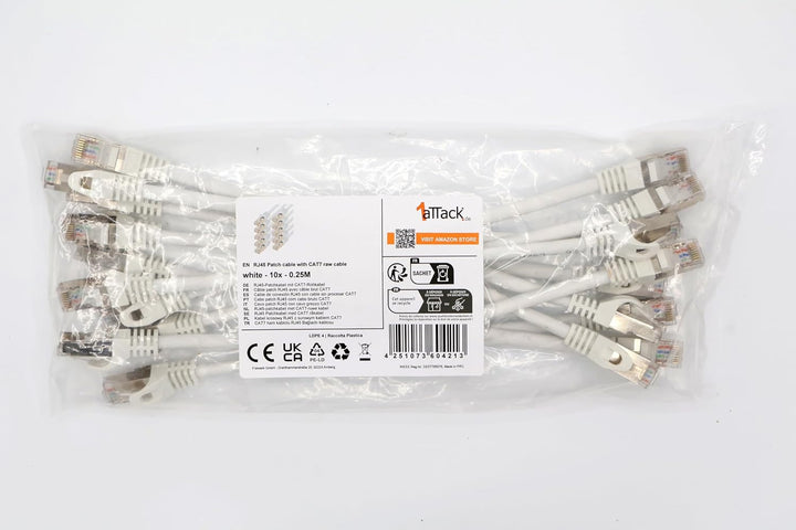 1aTTack.de 0,25m - weiss - 10 Stück CAT.7 Netzwerkkabel Patchkabel SFTP PIMF LSZH Gigabit Lan Kabel
