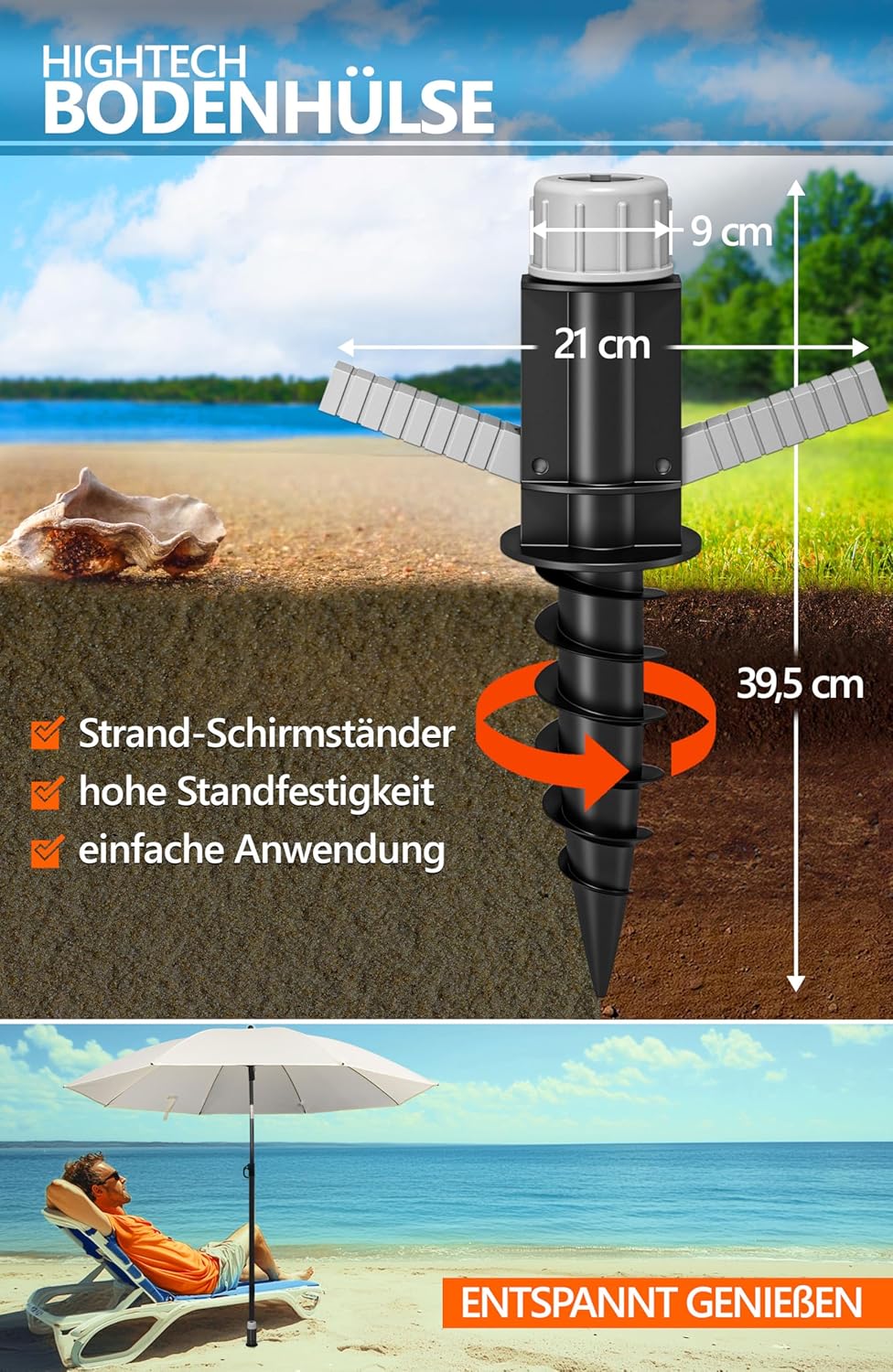 4smile Sunnyjoy Sonnenschirm Strand 3-IN-1 Set - Strandschirm windfest stabil, UPF 50+ Sonnenschirm