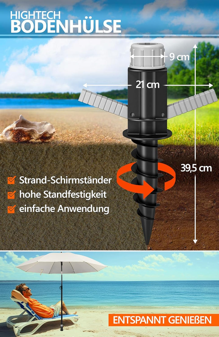 4smile Sunnyjoy Sonnenschirm Strand 3-IN-1 Set - Strandschirm windfest stabil, UPF 50+ Sonnenschirm