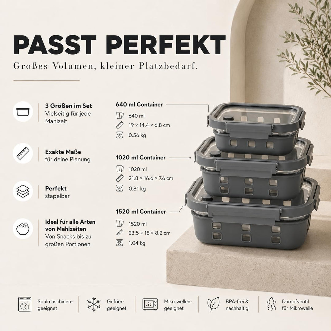 Meal Prep Boxen Set 1x640ml, 1x 1020ml, 1x1520ml – Borosilikatglas, auslaufsicher, stapelbar, mikrow